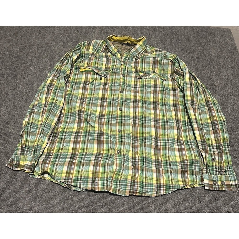 Exofficio Mens XL Green Plaid Nylon Insect Repellent Button Shirt Long Sleeve